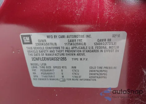 2010 Chevrolet Equinox Ls из США, поврежденный, VIN 2CNFLCEW0A6321265